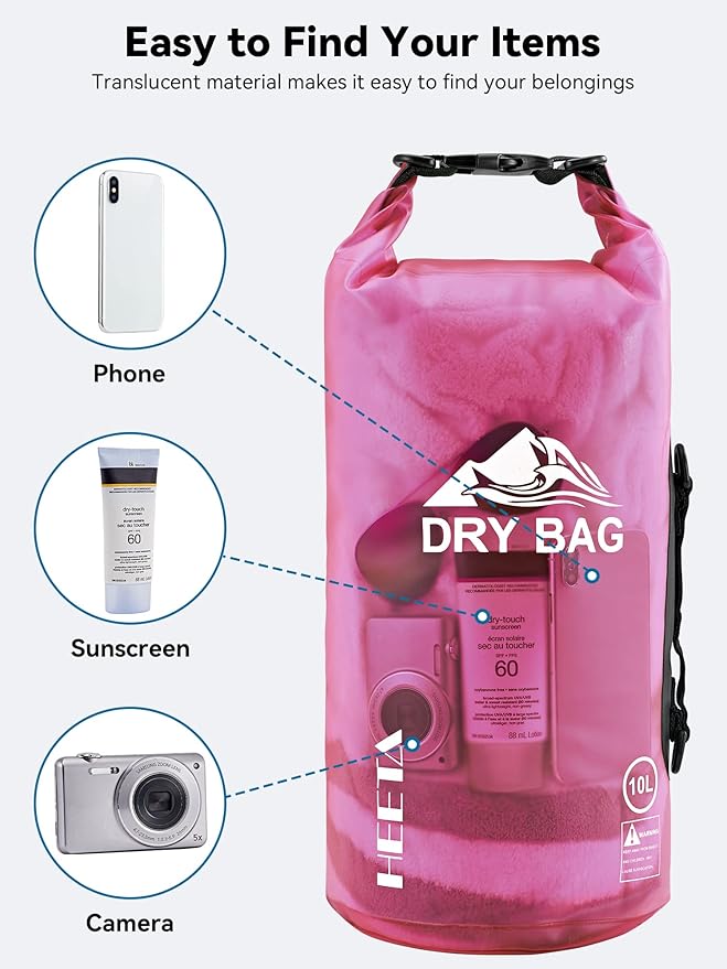 HEETA Dry Bag Waterproof for Women Men, 5L/10L/20L/30L/40L Roll Top Lightweight Dry Storage Bag Backpack with Phone Case for Travel, Swimming, Boating, Kayaking, Camping & Beach, 11 Transparent Colors
