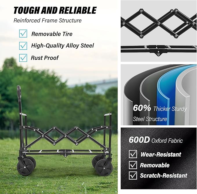Collapsible Wagon Cart Foldable, 100L Portable Folding Wagon Cart with Wheels, Outdoor Lightweight Utility Carts with 350lbs Weight Capacity for Beach Grocery Camping Shopping, Black
