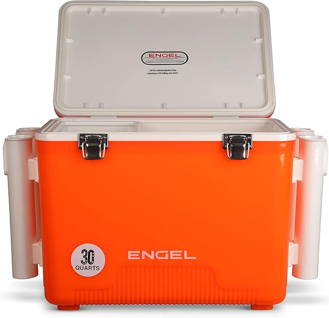 Engel UC30 30qt Leak-Proof, Air Tight, Fishing Drybox Cooler with Built-in Fishing Rod Holders, Also Makes The Perfect Hard Shell Lunchbox for Men and Women in White