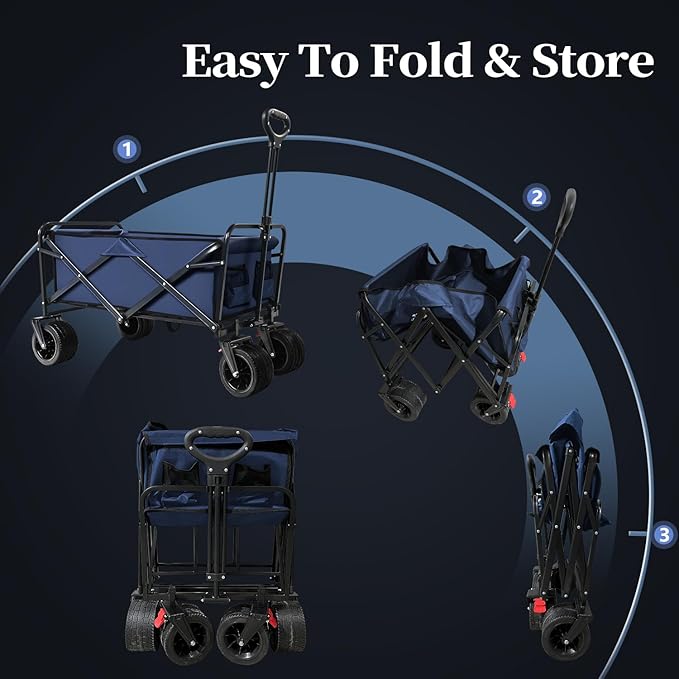 Collapsible Folding Wagon, Capacity 300lbs Heavy Duty Foldable Cart with Two Drink Holders, Portable Utility Grocery Wagon for Camping Shopping Sports, Blue