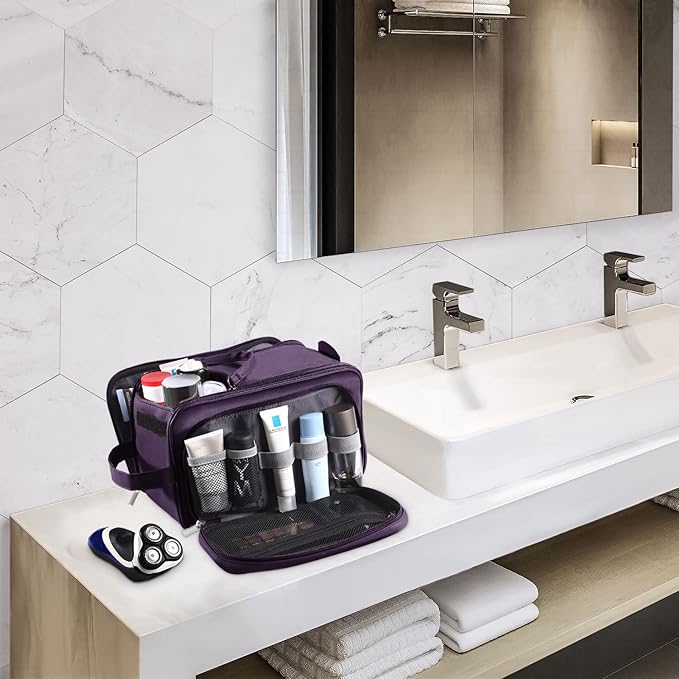 Buruis Extra Large Toiletry Bag for Men & Women, Travel Toiletry Organizer Dopp Kit Water-resistant Shaving Bags, PU Leather Cosmetic Bathroom Shower Bag for Toiletries, Accessories (Purple)