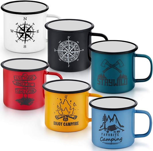 P&P CHEF 16 Oz Enamel Mug Coffee Cup Set of 6, Camping Enamel Mug with Patterns & Handle for Tea Soup Milk, Corlorful Gift for Camp Home Office, Lightweight & Durable