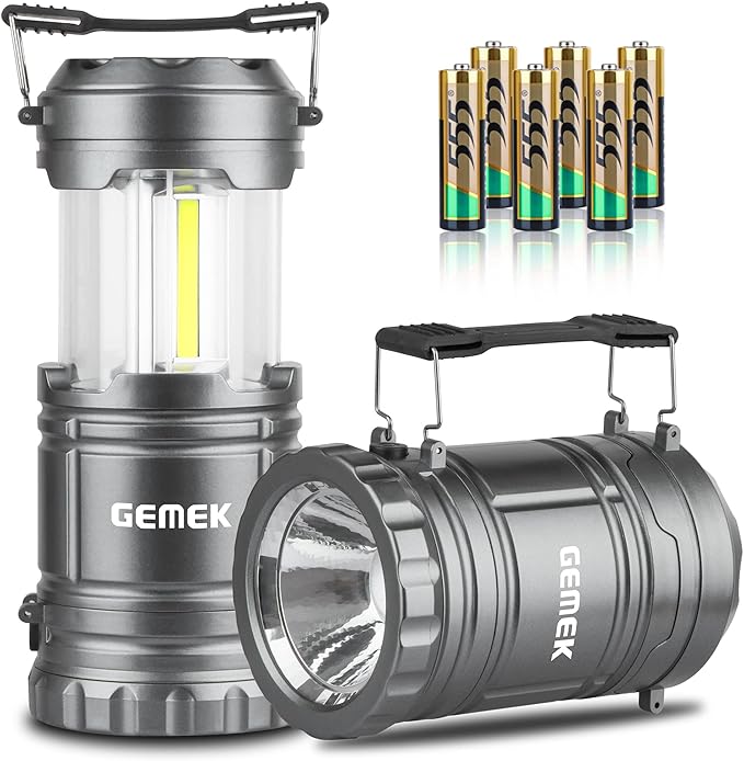 GEMEK 2 x LED Camping Lantern Battery Powered Flashlights Portable 2-in-1 Collapsible COB Lantern Lights for Camping, Car, Shop, Attic, Garage, 6 AA Batteries Included (Gray)
