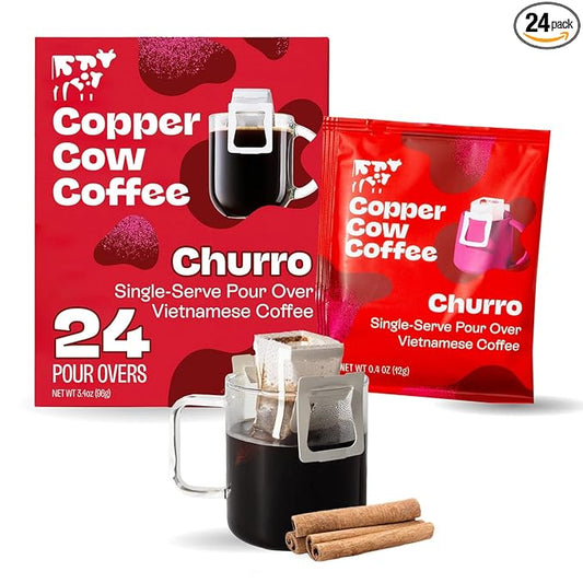 Copper Cow Premium Pour Over Single-Serve Vietnamese Coffee | Churro | Dark Roast | Flavored with Real Cinnamon | Includes 24 Coffees