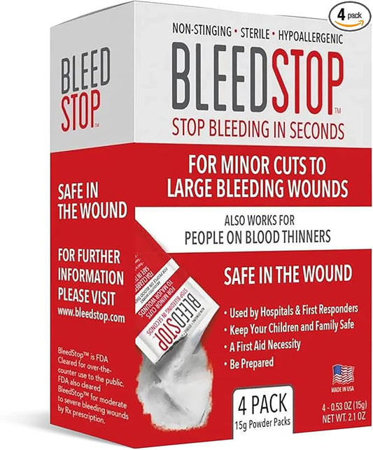 BleedStop™ First Aid Powder for Blood Clotting, Trauma Kit, Blood Thinner Patients, Camping Safety, and Survival Equipment for Moderate to Severe Bleeding Wounds or Nosebleeds - 4 (15g) Pouches