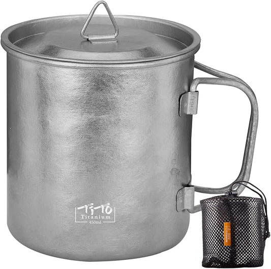 TiTo Titanium Cup Titanium Pot with Lid Ultralight Portable 450ml Foldable Handle Camping Tea Coffee Water Mug for Outdoor Backpacking Hiking Picnic Drinkware with Mesh Sack (Bright Titanium)