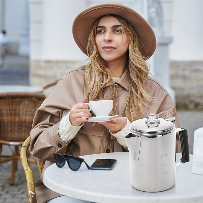 Camping Coffee Pot Stainless Steel, Coffee Pot Outdoors, Durable Stove Top Brew Coffee Maker on Fire, Ideal for Group Camping, Hiking, Backpacking, RV and Travel, 9 Cups