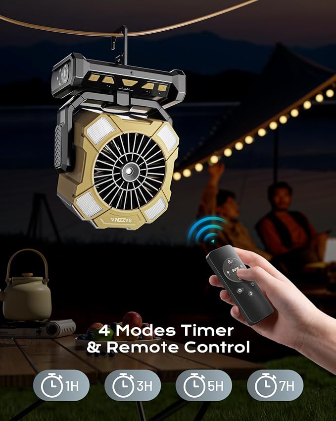 24000mAh Battery Operated Portable Misting Fan with 8M Remote Control, 4 Wind Speeds, 300ml Water Capacity, 3 Lighting Modes, Ideal for Camping, Outdoor & Industrial Use-Khaki