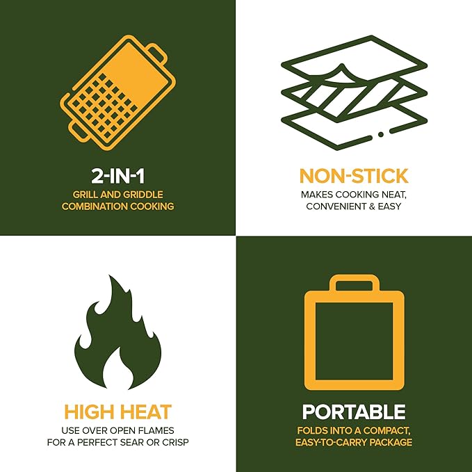 Carbon Steel Foldable Campfire Grill – Portable Grill Grate & Griddle with Large Non-Stick Surface, Sturdy Fold-Out Legs, Compact for Storage, Use Over Fire Pit