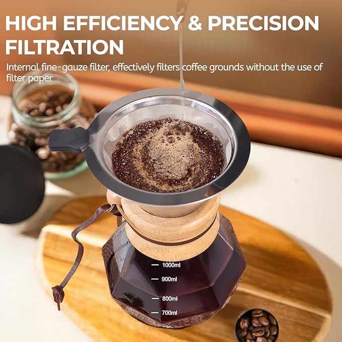 Pour Over Coffee Maker 1000ml with 304 Stainless Steel Filter and Wooden Collar Holder Borosilicate Glass Drip Coffeemaker Server Set Clear Hand Brew Dripper Carafe for Home Camping Travel 33.8oz