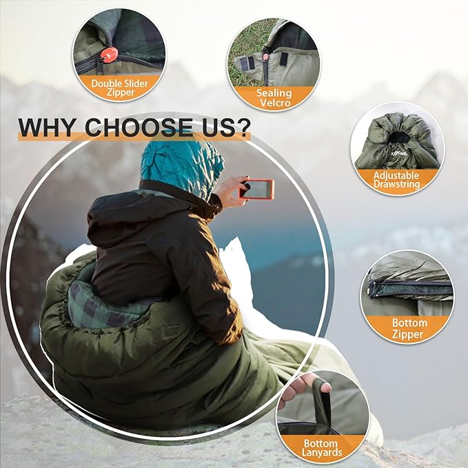 0 Degree Sleeping Bag 100% Cotton Flannel XXL Cold Weather Winter Oversized Sleeping Bag for Adults Camping Zero Degree Big and Tall with Compression Sack