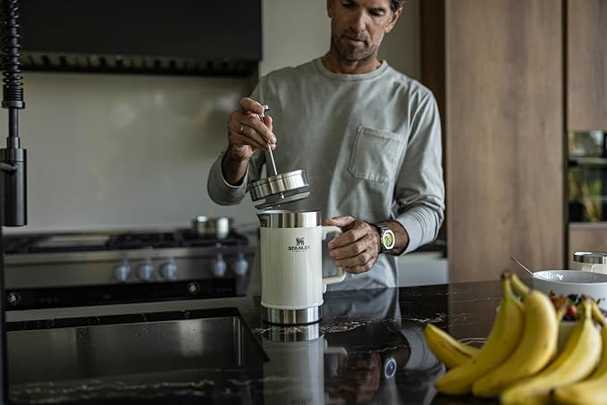 Stanley Classic Stay-Hot French Press Coffee Maker 48 oz | 5 Minute Brew, 4 Hours Hot | Mesh Filter for Coffee Grounds | Insulated Stainless Steel French Press | BPA-Free | Cream Gloss