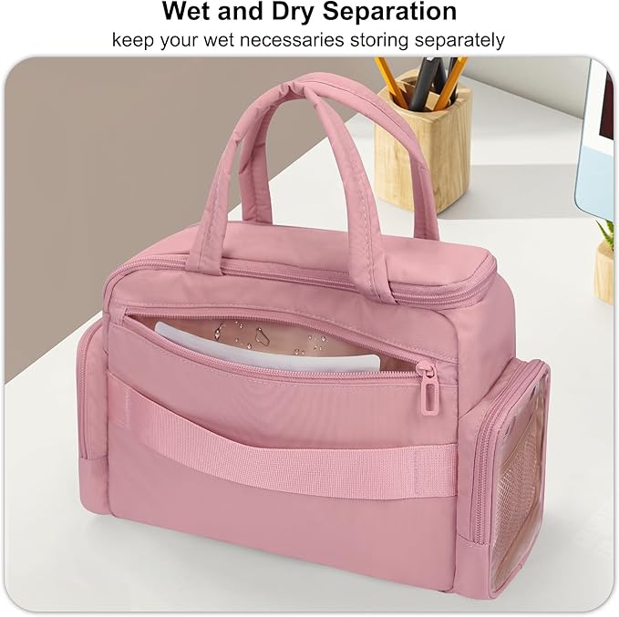 Travel Toiletry Bag for Women, Lightweight Wide-open Cosmetic Travel Bags for Toiletries with 2 Removable Dividers, Large Makeup Organizer with Brushes Board, Multi Pockets for Gym, Daily, Pink