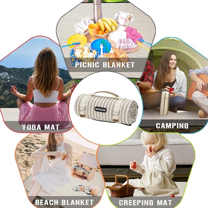 G GOOD GAIN Picnic Blankets Waterproof Extra Large - Outdoor Blanket Sand Free Foldable with Carry Strap for Beach, Camping, Park Grass, Hiking, Travel, Concerts, Indoor (Sand Yellow)