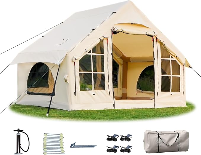 2025 Upgraded 100% Waterproof Inflatable Camping Tent, Large Blow-Up Air Tent, No Assembly Needed Luxury Glamping House, Oxford Fabric