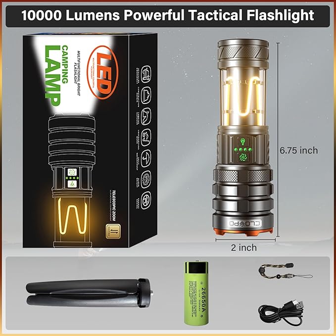 11 Modes Rechargeable Tactical Flashlight, 10000 Lumens Portable Camping Flashlight with Stand, 6H Long Lasting Bright LED Light for Outdoor Activity, Emergency Use