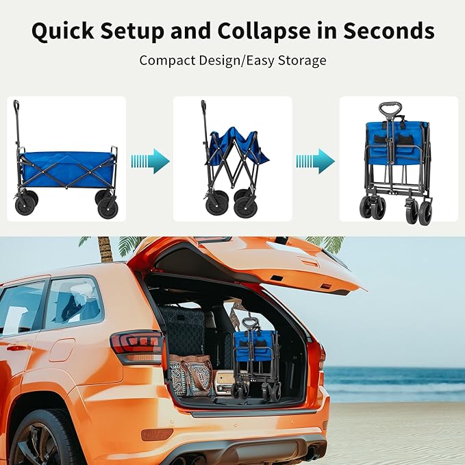 Collapsible Wagon Cart Foldable, 35" L Folding Beach Wagon with All-Terrain Wheels, Heavy Duty Shopping Cart with 350lbs Large Capacity, Portable Camping Wagons Carts for Grocery Garden, Blue