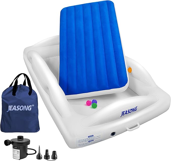 JEASONG Portable Inflatable Toddler Kid Bed with 4 Safety Sides - Air Mattress Electric Pump for Camping, Sleepovers and Home and Travel Use, Compact Crib Sleep Solution, Suitable for Ages 3+