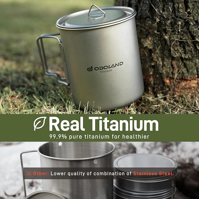 Odoland Titanium Camping Cookware 420ML & 750ML Titanium Pot with Lid and Spork Lightweight Camping Pot for Backpacking Hiking Traveling and Picnic