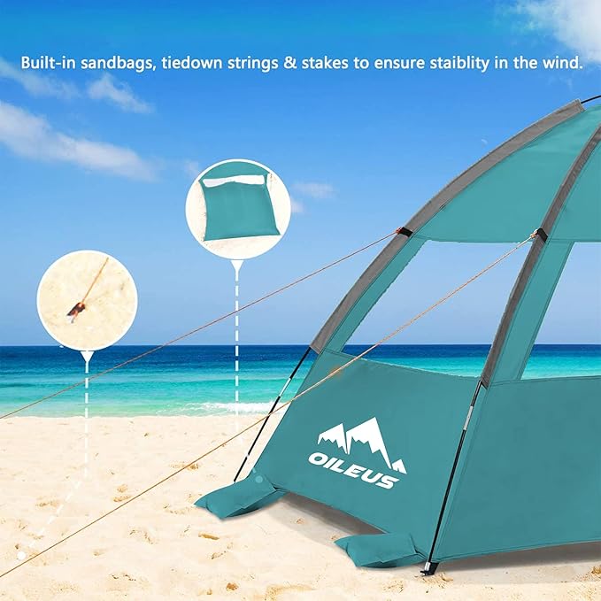Oileus Beach Tent 2-3 Person Portable Sun Shade Shelter UV Protection, Extended Floor Ventilating Mesh Roll Up Windows Carrying Bag Stakes 6 Sand Pockets Fishing Hiking Camping, Sky Blue