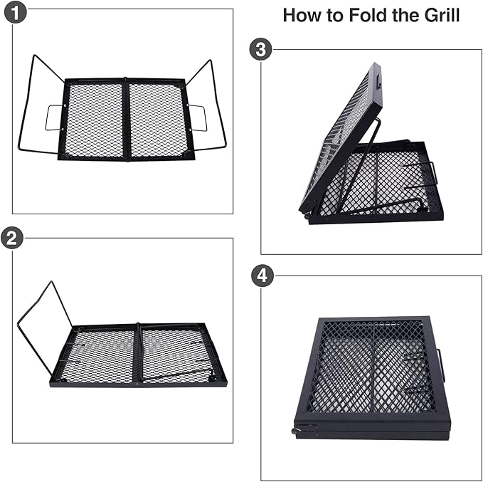 Folding Campfire Grill Grate, Portable Heavy Duty Steel Over Fire Camp Grill for Outdoor Camping Cooking Fire Pit, Black Folded in Half
