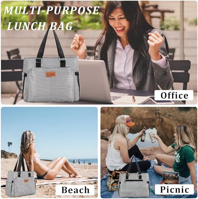 Large Women Lunch Bags for Work/Insulated Adult Lunch Box for Women/Leakproof Cooler Lunch Tote Bag with Storage Pocket. Reusable Lunch Cooler Purse for Work Picnic Hiking 14L, Stripe