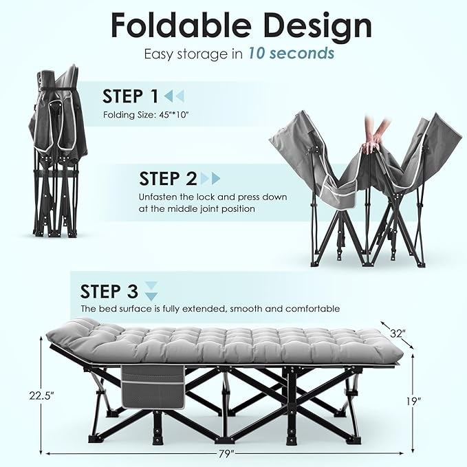 Suteck Camping Cot, 32In XXL Folding Camping Cot Heavy Duty Sleeping Bed for Adults 1200D Double Layer Oxford Cots for Camping W/Pilllow Mattress Carry Bag for Home Office Nap Beach Travel, 500LBS