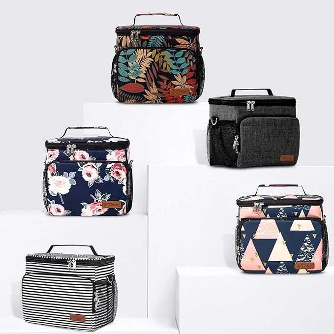 Tiblue Insulated Lunch Bag for Women/Men - Reusable Lunch Box for Office Work School Picnic,Leakproof Freezable Cooler Bag with Adjustable Shoulder Strap for Kid/Adult(Medium, Black & White Stripes)