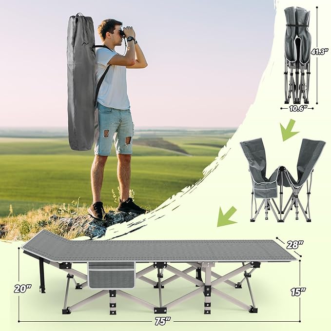 Suteck Camping Cot, Folding Camping Cot Bed for Adults Sleeping 1200D Double Layer Oxford Portable Folding Outdoor Cots for Camping W/Soft Pad Carry Bag for Home Office Nap Beach Travel, Stripe Blue