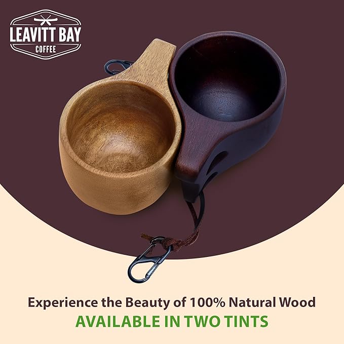 Handcrafted Dark Brown Kuksa Wooden Cup - Sturdy Nordic Mug w/Leather Lanyard, Carabiner for Easy Carry - Light-Weight & Easy Grip Kuksa Wooden Cups for Drinking Coffee, Tea - Unique Coffee Gifts