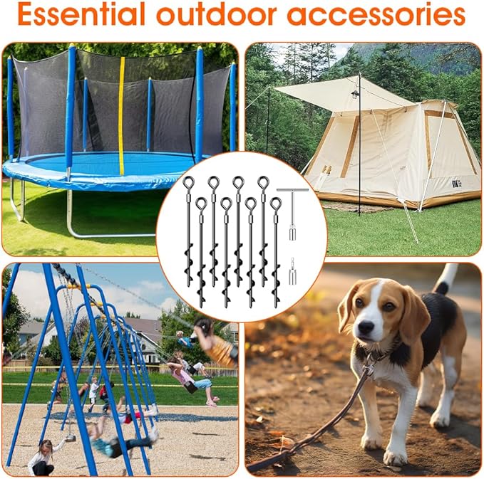 Ground Anchors, Trampoline Anchors Heavy Duty Screw in Ground Anchors 8Pack,Tent Stakes for Camping Tent, Trampoline, Canopies, Carports, Sheds, Swing Sets,14in Ground Anchors for High Winds, Black