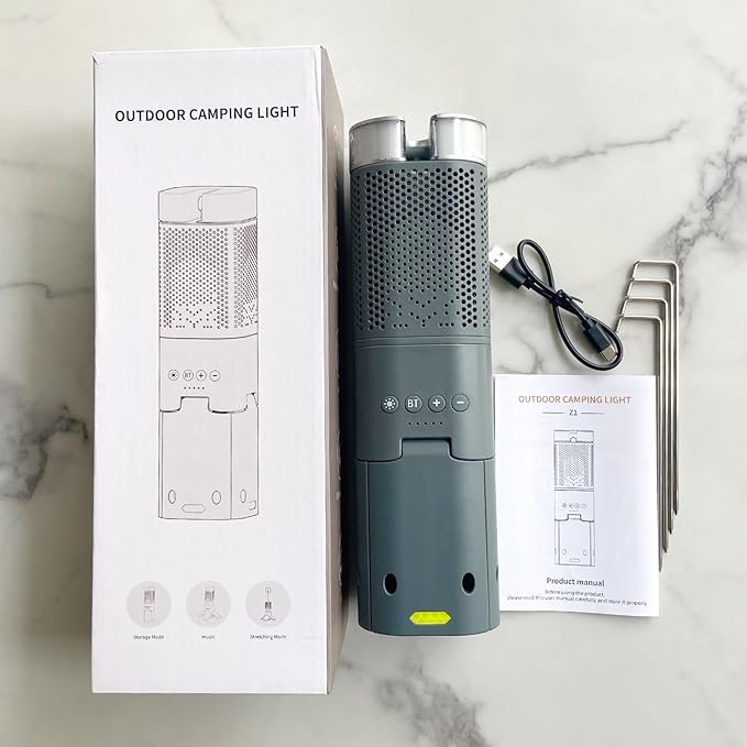 Camping Lantern, 14000mAh Rechargeable Telescopic Camping Lights Built-in Magnetic Stand with Speaker, Portable Waterproof Outdoor LED Flashlight for Emergency, Hiking, Camping, Fishing - Grey