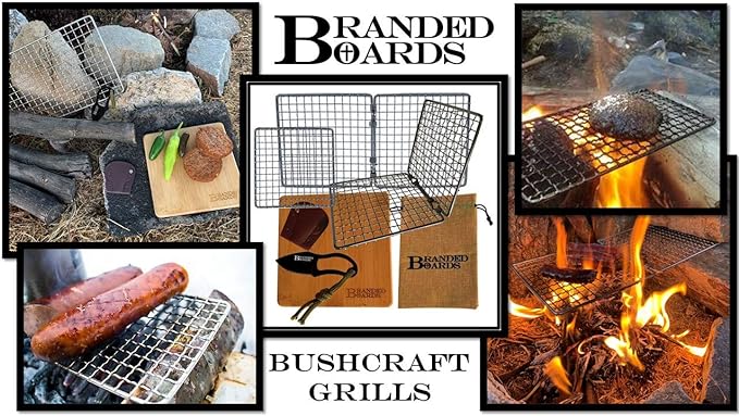 Portable Bushcraft Stainless BBQ Cooking Grill Grate, Bamboo Cutting Board, Burlap Bag, Mini Knife, Fire Starter Kits. Camping, Campfires, Backpacking, Hunting & Fishing Gear
