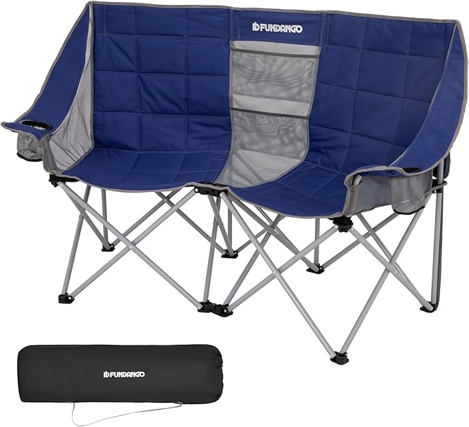 FUNDANGO Oversized Double Camping Chair, 2 Person Folding Padded Loveseat for Adults,660lbs Heavy Duty Chair with Arm Cup Holder for Outdoor Patio Lawn Camp with Carry Bag (Blue)