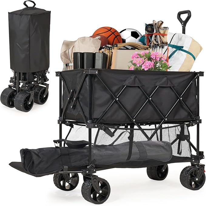 Heavy Duty Collapsible Beach Wagon Cart - 600LBS Capacity Pro-Grade Folding Utility Cart with Extra-Wide All-Terrain Wheels, Locking Brakes Wagon for Camping, Stadium Gear, Beach Transport, Groceries