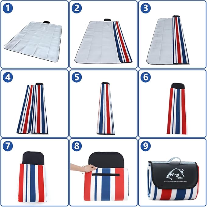 Wind Tour Family Outdoor Waterproof Durable Picnic Blankets with Carry Strap Foldable Sandproof Picnic Floor Mat for Kids Playground Camping Hiking Grass Travelling (1, Red & blue stripes-200*200cm)