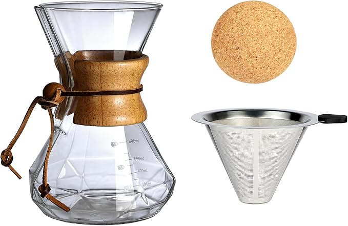 Pour Over Coffee Maker With Wood Sleeve,20oz/600mlPour Over Coffee Dripper,Pour Over Coffee Maker Set With Cork Stopper (20oz/600ml)