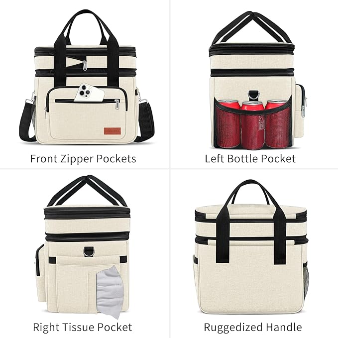 23L Extra Large Expandable Insulated Cooler Lunch Box for Men Double Deck Leakproof Heavy Duty Lunch Bag with 4 Ice Packs&2 Snack Bags for Adult/Construction/Women/Work/Picnic/Camping - Beige