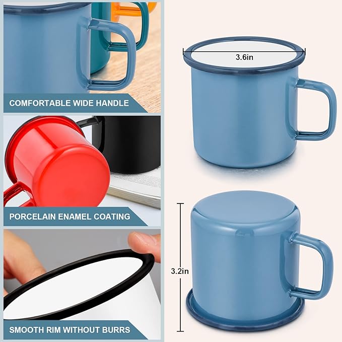 HaSteeL 12oz Enamel Campfire Mugs, Small Vintage Camping Mug Cup Set of 6 for Coffee Tea Milk, Portable and Durable for Home, Picnic, Travel, Hiking, Fishing Indoor Outdoor, Non Toxic & Easy to Clean