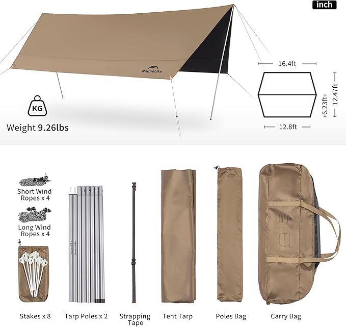 Naturehike Camping Tent Tarp with Poles, Waterproof PU 18000mm+, Anti-UV UPF2000+ Sun Shelter Rain Fly, Tent Canopy for Outdoor Party, Picnic (16.4 x 12.5ft), CNK2350WS015