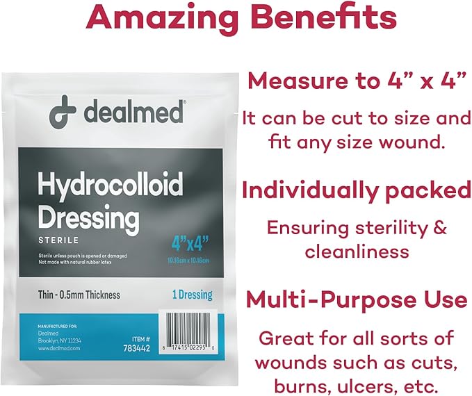 Dealmed Brand Hydrocolloid Dressing 4” x 4” Thin Bandages Wound Care for First Aid Kits Individually Packed (10/Box)