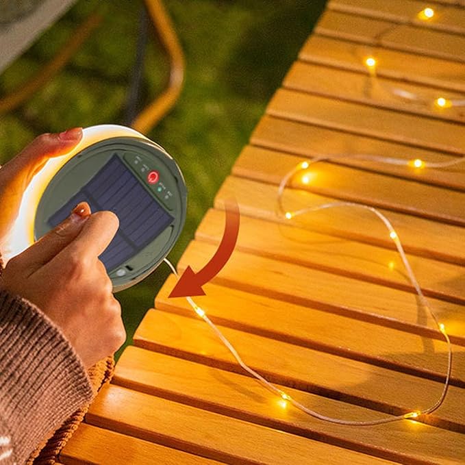 Solar Retractable Camping String Lights Reel 39 FT, Portable 3600mAh Rechargeable Strip Light with Remote Control Timer, Waterproof Tent Lantern for Hiking Awning Party Festival Decor (Warm White)