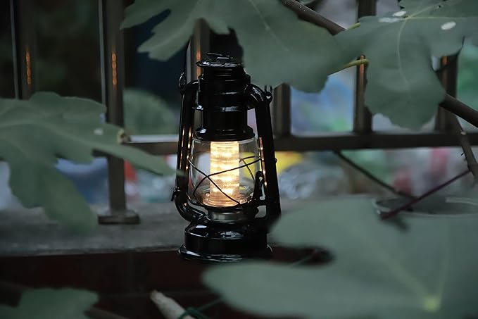 YAKii LED Vintage Metal Hanging Hurricane Lantern - 12 LED Dimmer Switch, Warm White Battery Operated Lantern for Power Outage, Indoor Camping, Outdoor Decoration (Black)