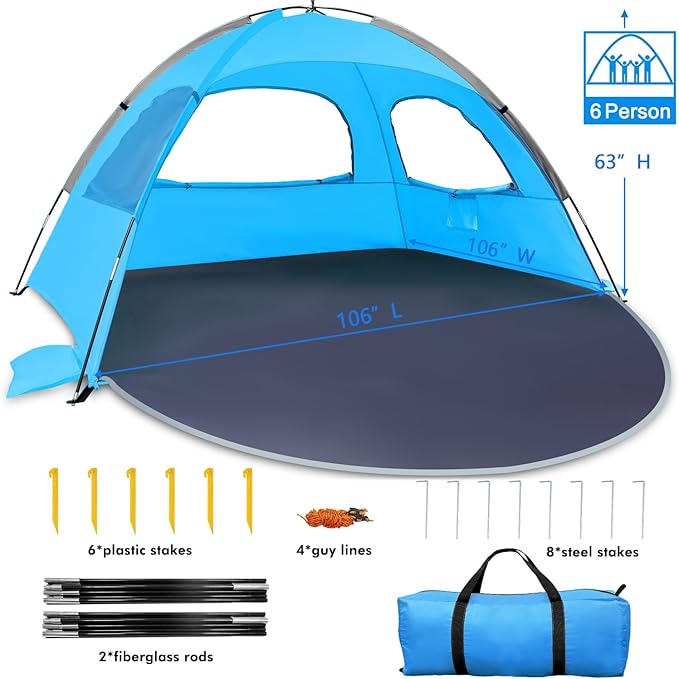 WhiteFang Beach Tent Anti-UV Portable Sun Shade Shelter for 3/4/6/8 Person, Extendable Floor with 3 Ventilating Mesh Windows Plus Carrying Bag, Stakes and Guy Lines