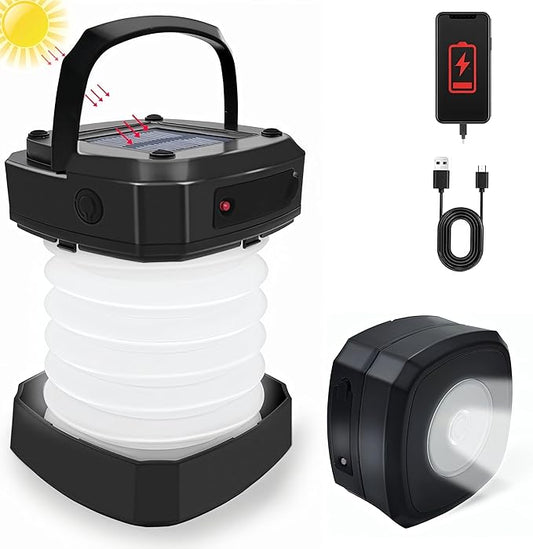 Solar Camping Lantern, Collapsible Rechargeable Camping LED Light,Portable USB Night Light for Power Outages,Emergencies,Hurricanes,Tent Lighting, Hiking,Backpacking Gear(Black)
