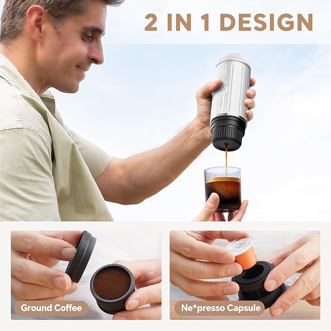 Portable Electric Espresso Coffee Maker, Fast self-heating 2 IN 1 Extraction System Espresso Machine, Support Ground Coffee and NS capsule, for Travel,Car,Hiking,Climbing,Rich Crema(White)