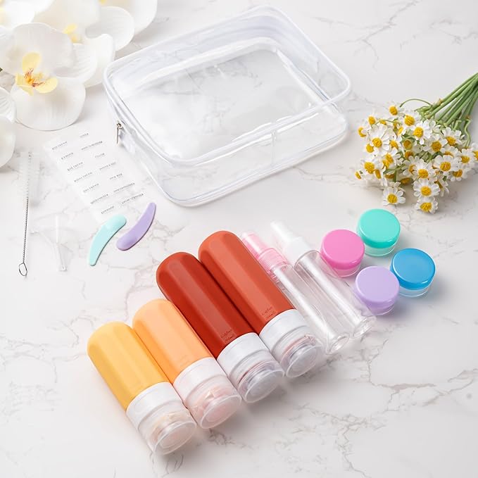 MODENGKONGJIAN 16 Pack Travel Bottles for Toiletries,TSA Approved Silicone Squeezable Travel Shampoo Bottles, 3oz Leak Proof Refillable Toiletry Cosmetic Containers (16PCS/Brown)