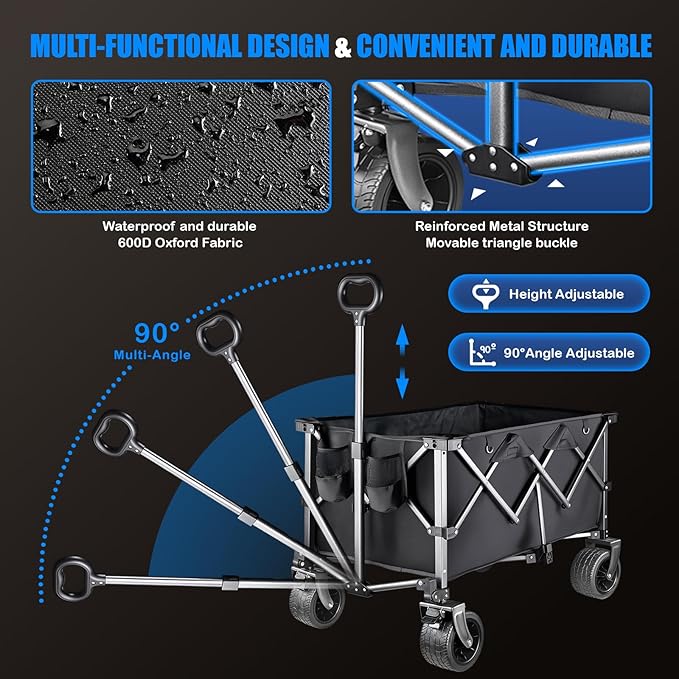 Collapsible Wagon with 450lbs Capacity – Wagons Carts Foldable with Wheels, 200L All-Terrain Garden Wagon, Heavy Duty Grocery Cart on Wheels for Beach, Camping