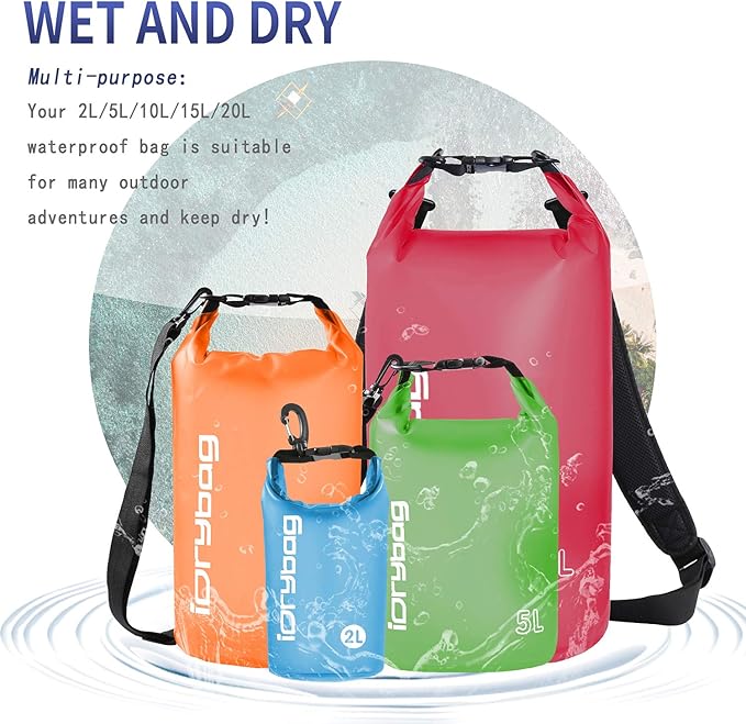 IDRYBAG Clear Dry Bag Waterproof 2L/5L/10L/15L/20L, Small Dry Sack Waterproof Bag for Kayaking
