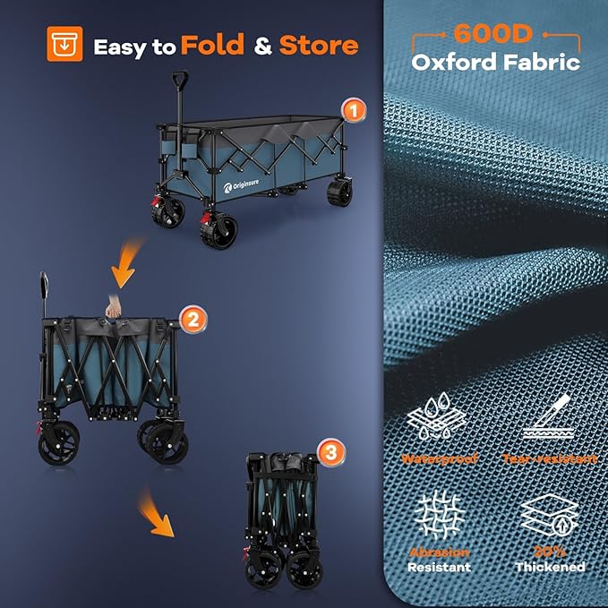 48" L Collapsible Wagon Cart Foldable, 560LB Weight Capacity 300L Heavy Duty Folding Beach Wagons with Big All-Terrain Wheels, Utility Carts for Groceries, Shopping, Camping, Sports - Grey&Blue